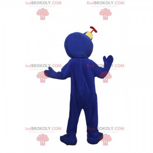Yellow and blue bird mascot with a hat, bird costume -