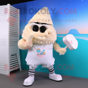 White Ice Cream mascot costume character dressed with a Board Shorts and Suspenders