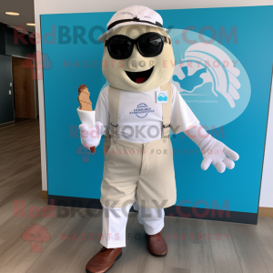 White Ice Cream mascot costume character dressed with a Board Shorts and Suspenders
