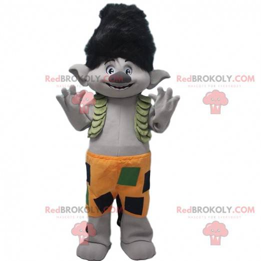 Szary troll maskotka z czarnymi włosami i pomarańczowymi