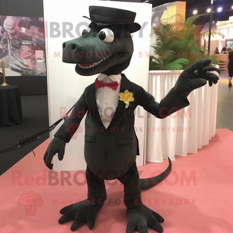 Black Coelophysis mascot costume character dressed with a Dress Pants and Pocket squares Black Coelophysis mascot costume character dressed with a Dress Pants and Pocket squares