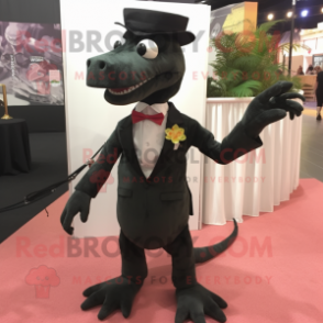 Black Coelophysis mascot costume character dressed with a Dress Pants and Pocket squares
