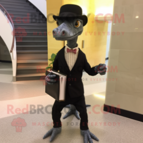 Black Coelophysis mascot costume character dressed with a Dress Pants and Pocket squares