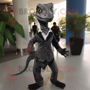 Black Coelophysis mascot costume character dressed with a Dress Pants and Pocket squares