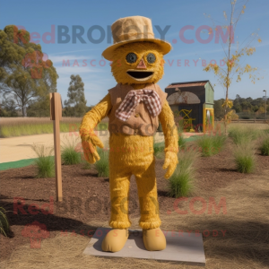 Gold Scarecrow mascot costume character dressed with a Corduroy Pants and Earrings