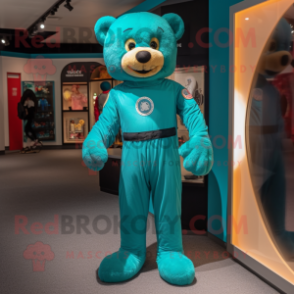 Teal Teddy Bear mascot costume character dressed with a Jumpsuit and Shoe clips