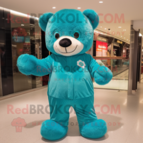 Teal Teddy Bear mascot costume character dressed with a Jumpsuit and Shoe clips