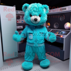 Teal Teddy Bear mascot costume character dressed with a Jumpsuit and Shoe clips