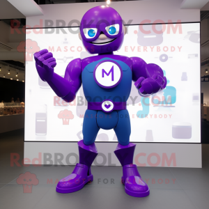 Purple Superhero mascot costume character dressed with a Skirt and Smartwatches