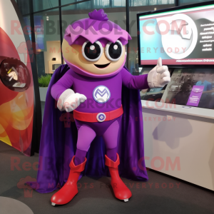 Purple Superhero mascot costume character dressed with a Skirt and Smartwatches