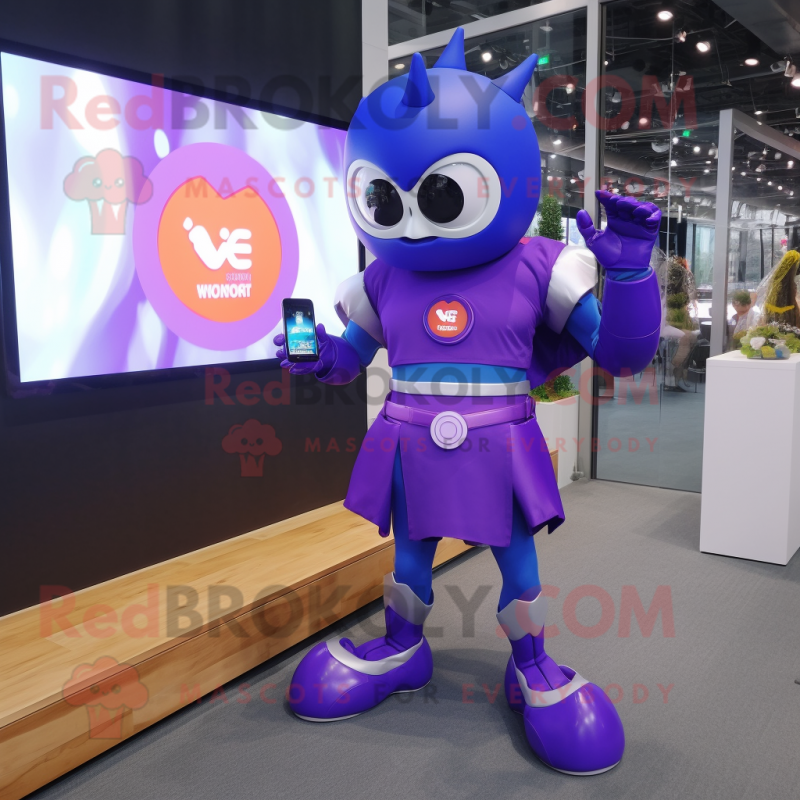 Purple Superhero mascot costume character dressed with a Skirt and Smartwatches