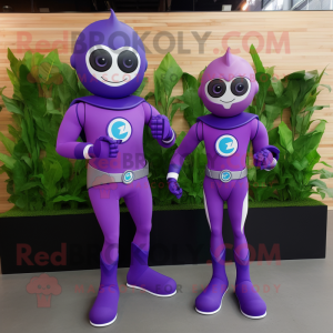 Purple Superhero mascot costume character dressed with a Skirt and Smartwatches