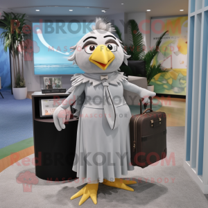 Silver Canary mascot costume character dressed with a Maxi Skirt and Briefcases