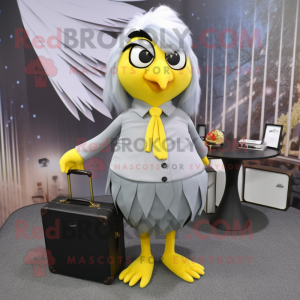 Silver Canary mascot costume character dressed with a Maxi Skirt and Briefcases
