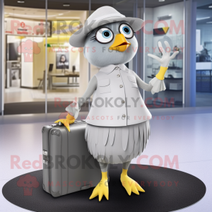 Silver Canary mascot costume character dressed with a Maxi Skirt and Briefcases