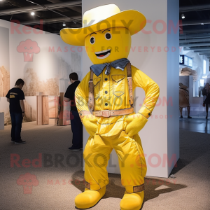 Lemon Yellow Cowboy mascot costume character dressed with a Dress Shirt and Suspenders