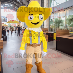 Lemon Yellow Cowboy mascot costume character dressed with a Dress Shirt and Suspenders