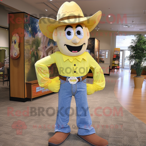 Lemon Yellow Cowboy mascot costume character dressed with a Dress Shirt and Suspenders