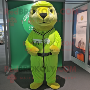 Lime Green Seal mascot costume character dressed with a Jumpsuit and Belts