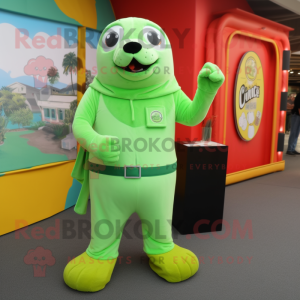 Lime Green Seal mascot costume character dressed with a Jumpsuit and Belts