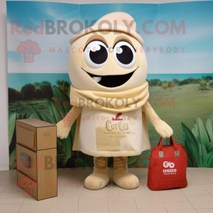 Beige Ceviche mascot costume character dressed with a Turtleneck and Tote bags