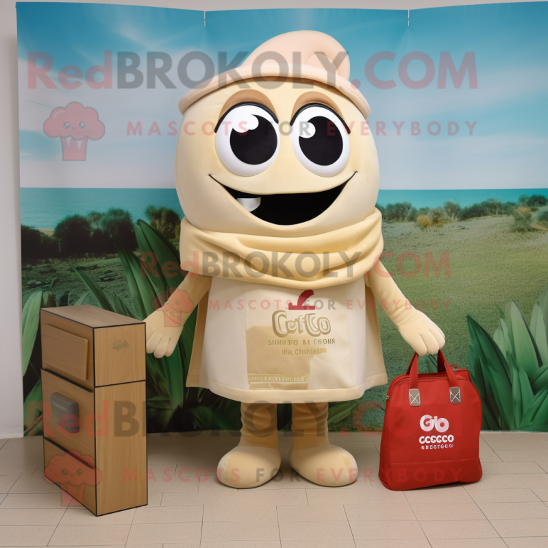 Beige Ceviche mascot costume character dressed with a Turtleneck and Tote bags Beige Ceviche mascot costume character dressed with a Turtleneck and Tote bags