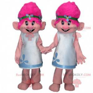 2 mascottes de trolls avec les cheveux roses, costumes de