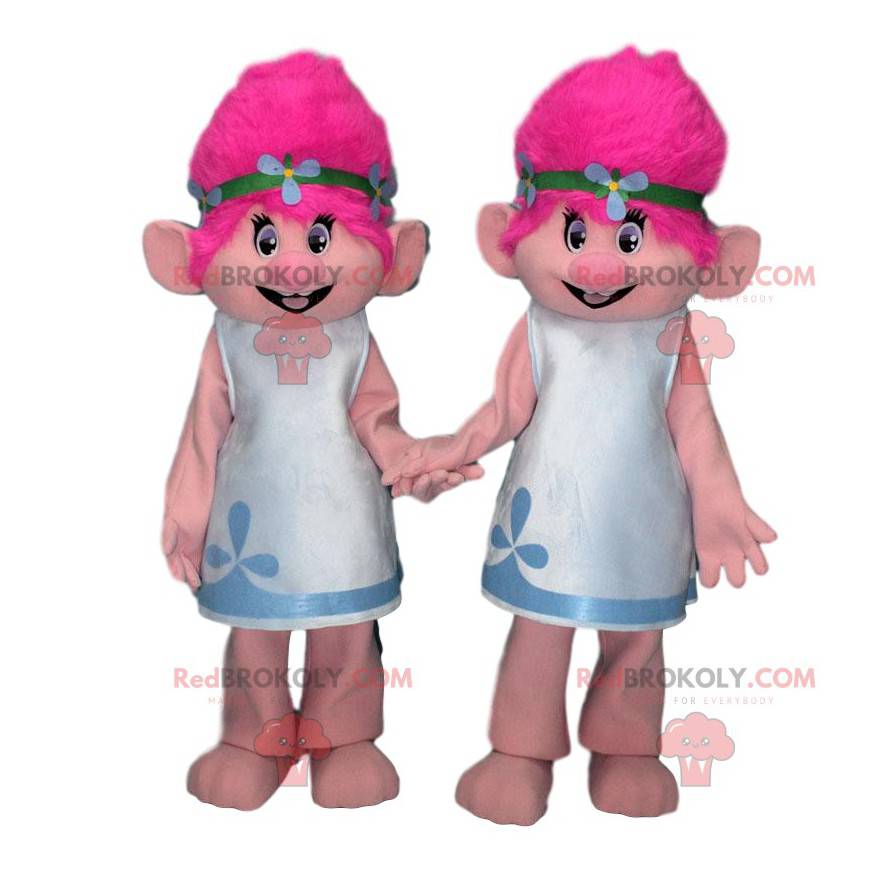 2 troldmaskotter med lyserødt hår, troldedragter -