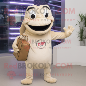 Beige Ceviche mascot costume character dressed with a Turtleneck and Tote bags