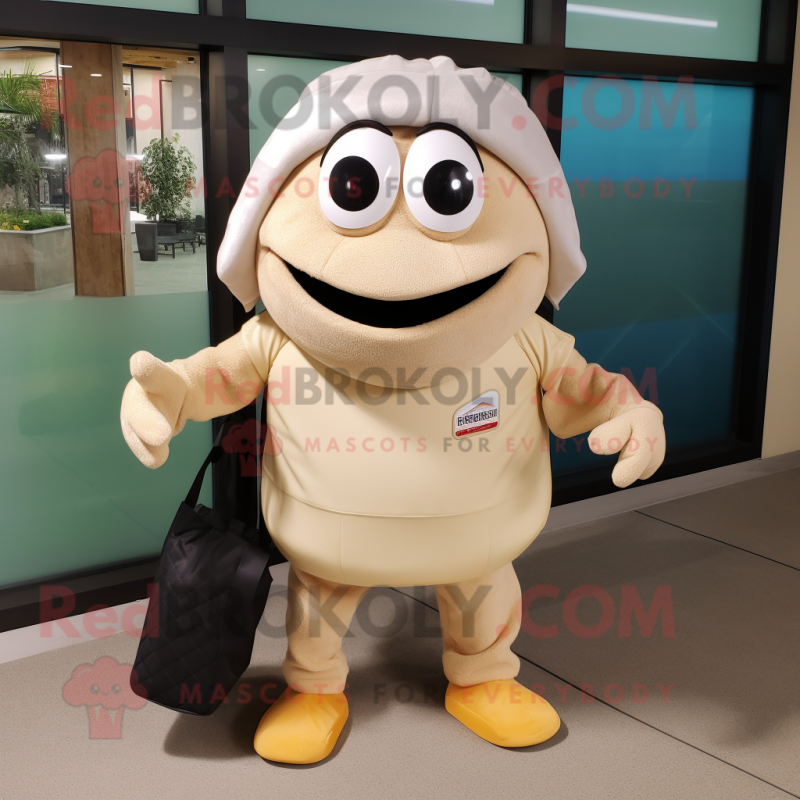 Beige Ceviche mascot costume character dressed with a Turtleneck and Tote bags Beige Ceviche mascot costume character dressed with a Turtleneck and Tote bags