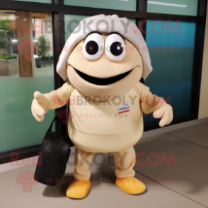 Beige Ceviche mascot costume character dressed with a Turtleneck and Tote bags