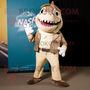Tan Shark mascot costume character dressed with a Button-Up Shirt and Foot pads