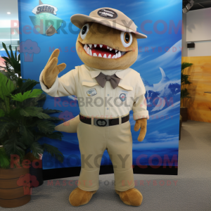 Tan Shark mascot costume character dressed with a Button-Up Shirt and Foot pads