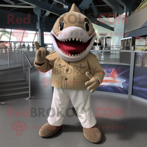 Tan Shark mascot costume character dressed with a Button-Up Shirt and Foot pads