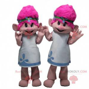 2 mascottes de trolls avec les cheveux roses, costumes de