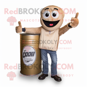 Tan Soda Can mascot costume character dressed with a Jeans and Gloves