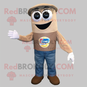 Tan Soda Can mascot costume character dressed with a Jeans and Gloves