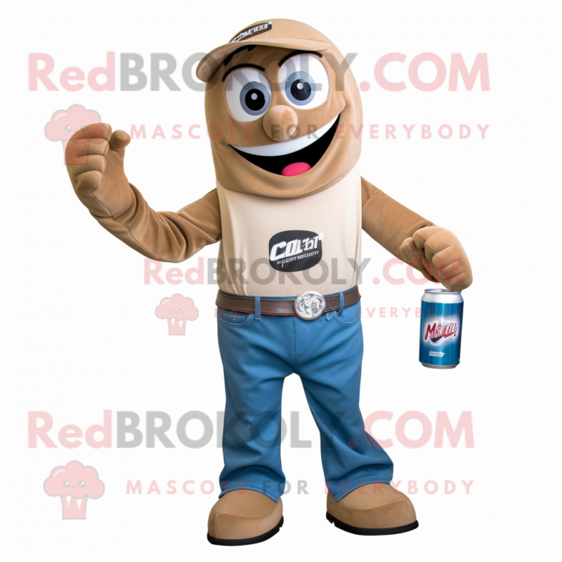 Tan Soda Can mascot costume character dressed with a Jeans and Gloves Tan Soda Can mascot costume character dressed with a Jeans and Gloves