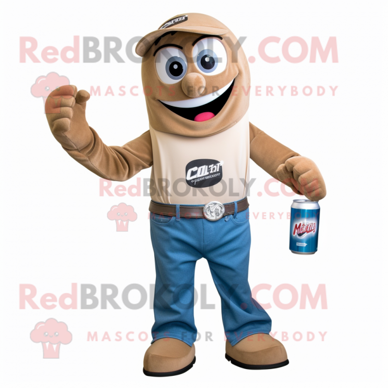 Tan Soda Can mascot costume character dressed with a Jeans and Gloves