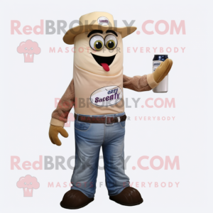 Tan Soda Can mascot costume character dressed with a Jeans and Gloves