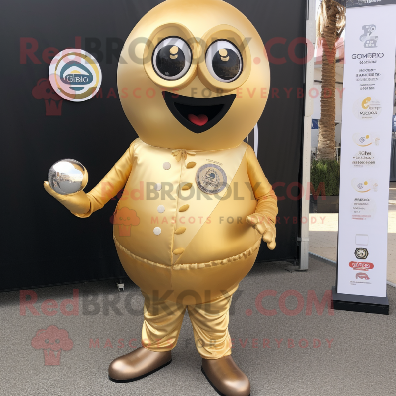 Gold Petanque Ball mascot costume character dressed with a Cover-up and Lapel pins Gold Petanque Ball mascot costume character dressed with a Cover-up and Lapel pins