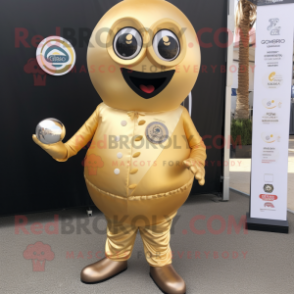 Gold Petanque Ball mascot costume character dressed with a Cover-up and Lapel pins