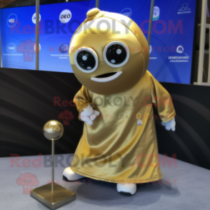 Gold Petanque Ball mascot costume character dressed with a Cover-up and Lapel pins