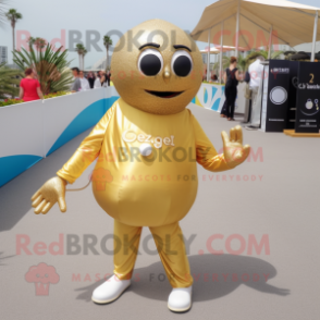Gold Petanque Ball mascot costume character dressed with a Cover-up and Lapel pins