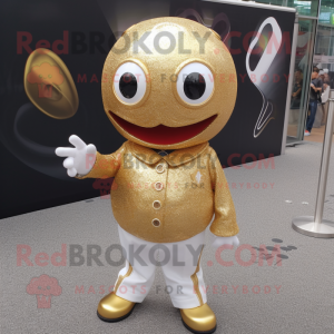 Gold Petanque Ball mascot costume character dressed with a Cover-up and Lapel pins