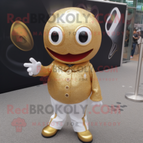 Gold Petanque Ball mascot costume character dressed with a Cover-up and Lapel pins