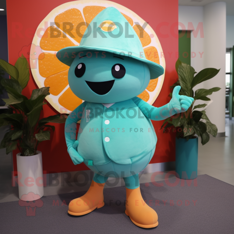 Teal Grapefruit mascot costume character dressed with a Leggings and Hat pins