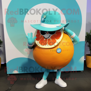 Teal Grapefruit mascot costume character dressed with a Leggings and Hat pins