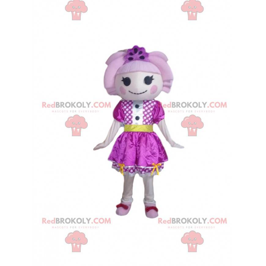 Boneca mascote com vestido roxo e cabelo rosa - Redbrokoly.com