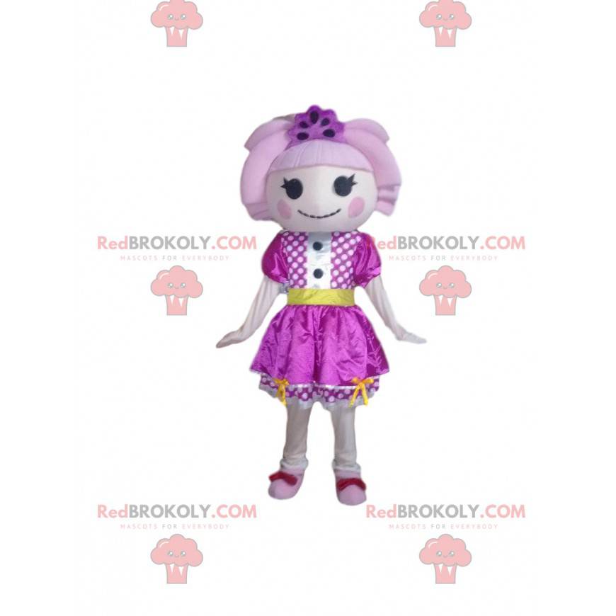 Mascota muñeca con un vestido morado y cabello rosa -